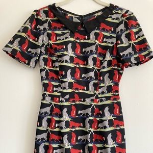 Cat print - black, gray and red mini dress with collar detail